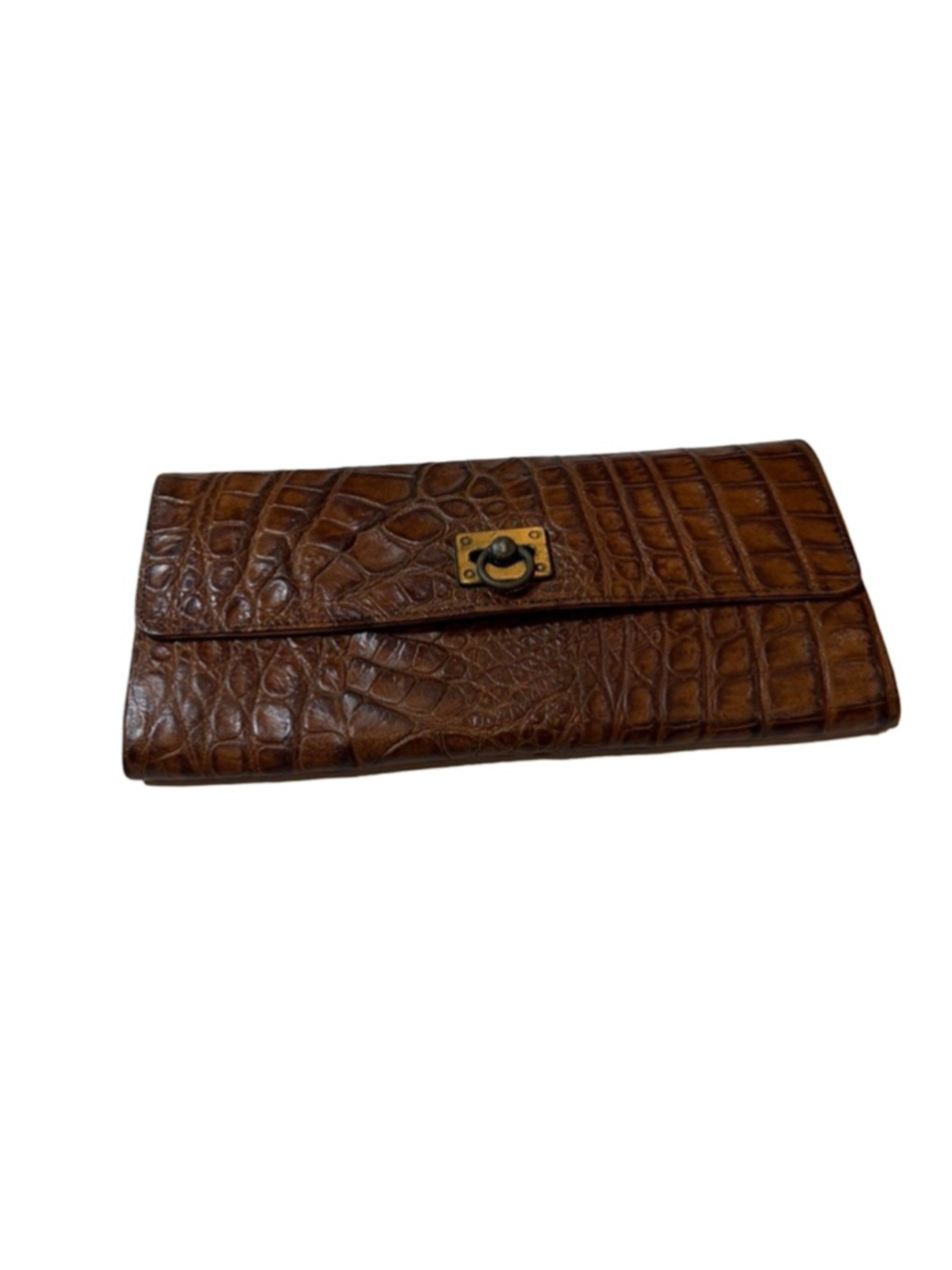 Veari Brown Croc Embossed Leather Clutch Wallet Turn Lock Vintage Slim Long Wall